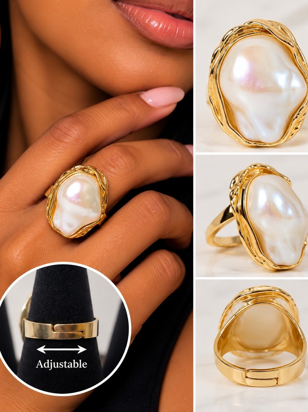 Stainless Steel Gold Pearl Statement Ring - Adjustable